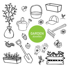 Black-white set of garden hand-drawn doodle elements, tools, plants, insects. Vector elements for printing, textile, design, logo.