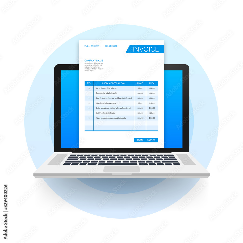 Wall mural Business card with invoice on laptop. Customer service concept. Online payment. Tax payment. invoice template. Vector stock illustration.