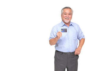 Portrait of senior asian man holding credit card and showing on hand isolated on white background