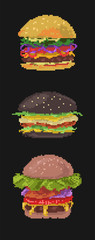 Pixel art hamburgers. Set of three pixel burgers. Retro game style illustration isolated from background.