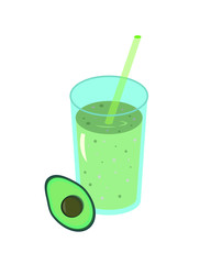 Avocado juice smoothie in a glass glass with fresh avocado and a straw.Fresh natural healthy fruit and berry drink. Vector illustration.