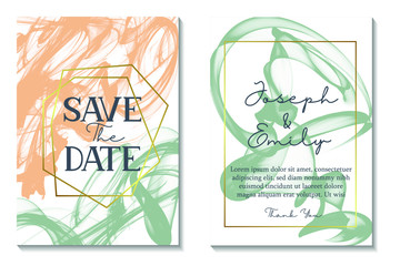 Wedding luxury invitations and Card Template Design with watercolor texture background and Abstract emerald style Vector Illustration.