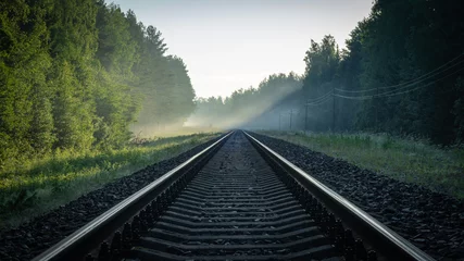 Papier Peint photo autocollant Chemin de fer rails de train au soleil et poteaux électriques