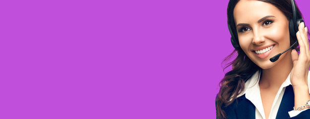 Call Center Service. Customer support or sales agent. Caller or receptionist confident phone operator. Copy space for some text. Help, answering and telemarketing. Violet purple background.