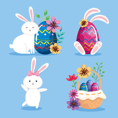 set of rabbits and eggs easter with decoration vector illustration design