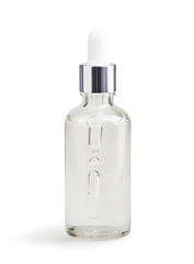 Hyaluronic acid in a glass bottle with pipette isolated on white background with clipping path, Liquid gel or serum, skin care cosmetics