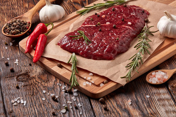 Raw beef steak with spices