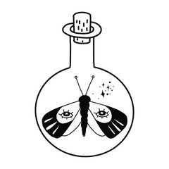 Magic potion: bottle. Magic potion occult attribute for witchcraft. Tattoo art style illustration. Bohemian and gypsy motifs.