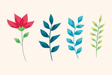set of cute flower and branches with leafs vector illustration design
