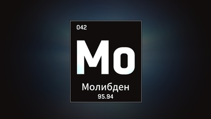 3D illustration of Molybdenum as Element 42 of the Periodic Table. Grey illuminated atom design background orbiting electrons name, atomic weight element number in russian language