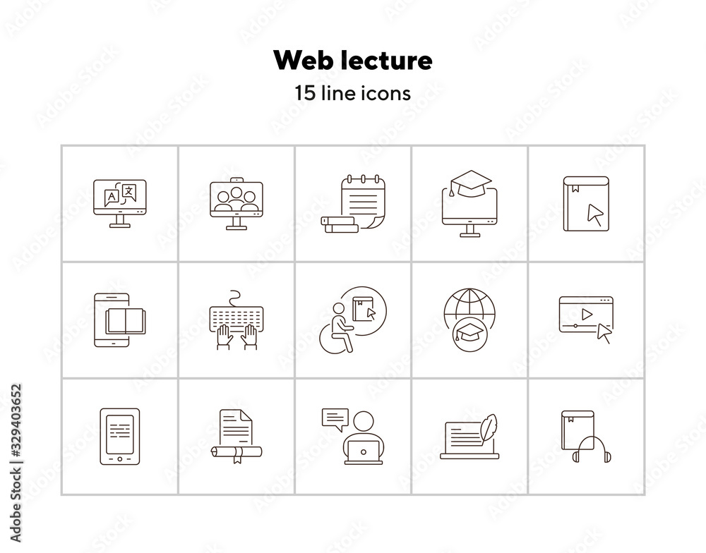 Poster web lecture line icon set. computer, e-book, tutorial. webinar concept. can be used for topics like 