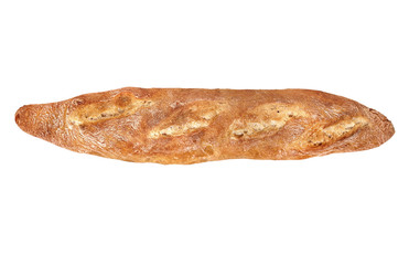 Baguette - a long, narrow loaf of French bread on white background. Isolated image.