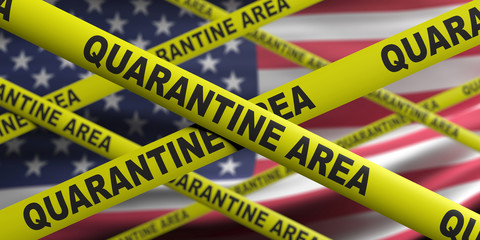 Coronavirus covid19 quarantine area text on yellow warning stripes, USA flag background. 3d illustration