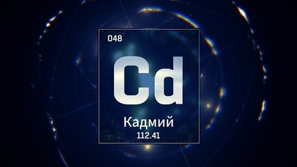 3D illustration of Cadmium as Element 48 of the Periodic Table. Blue illuminated atom design background orbiting electrons name, atomic weight element number in russian language