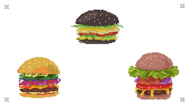 Pixel art dancing hamburgers. Set of three pixel burgers moving up and down. Retro game style, isolated from background.