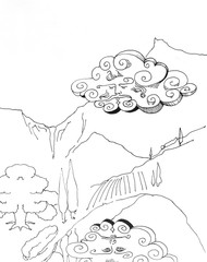 Meditation concept. Retro style cloud as a character looking into his reflection on the water surface. Original ink illustration