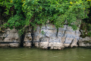 Guilin, China - May 10, 2010: Along Li River. Closeup of cracked feed of forested gray-blue-black karst mountain slope in greenish water. Overhanging green foliage.