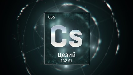 3D illustration of Cesium as Element 55 of the Periodic Table. Green illuminated atom design background orbiting electrons name, atomic weight element number in russian language