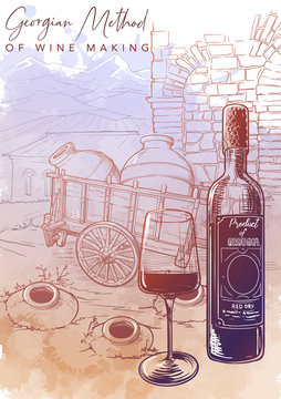 Georgian wine culture. Wine bottle and glass, with Georgian countryside panorama on a background. Linear sketch on a watercolor textured background. EPS10 vector illustration