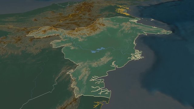 Kalimantan Timur, province with its capital, zoomed and extruded on the relief map of Indonesia in the conformal Stereographic projection. Animation 3D