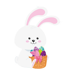 rabbit and cute eggs easter decorated with basket wicker vector illustration designicon