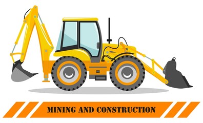 Backhoe loader. Detailed illustration of heavy mining machine and construction equipment. Vector illustration.