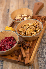 Mixed nuts and dried fruits in wooden bowl on wood background, copy space