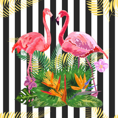 Obraz premium Print beautiful tropic watercolor pink flamingo and hibiscus flower on a black and white geometric background. Seamless pattern