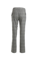 Elegant grey trousers on mannequin against white background, back view. Women's clothes