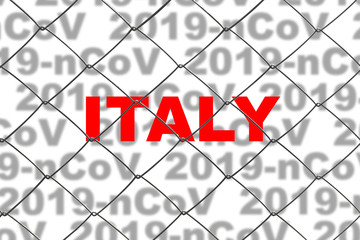 The inscription in red letters "Italy" on background of inscriptions "2019-nCoV" behind the fence