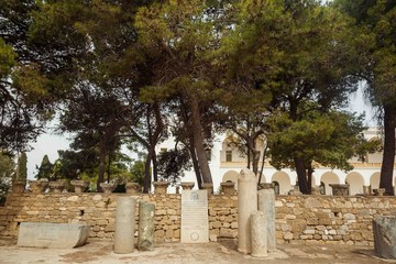 Fragments of columnss in Carthage found during excavation. Roman heritage at the museum of Carthage, Tunisia