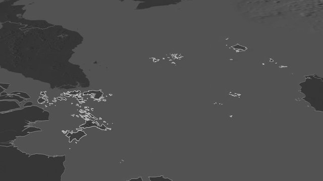 Kepulauan Riau, province with its capital, zoomed and extruded on the bilevel map of Indonesia in the conformal Stereographic projection. Animation 3D