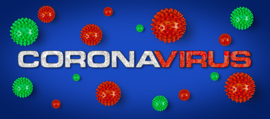 Covid-19 red white lettering with green corona virus bright light grey background. Cornavirus global  outbreak pandemic epidemic medical concept  blue background