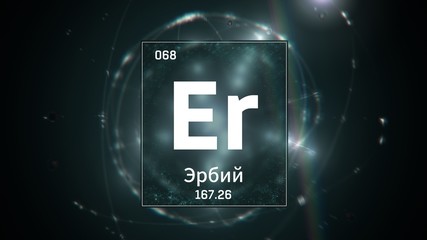 3D illustration of Erbium as Element 68 of the Periodic Table. Green illuminated atom design background with orbiting electrons name atomic weight element number in russian language