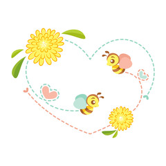 Decorative element bees and flowers. Cartoon vector illustration