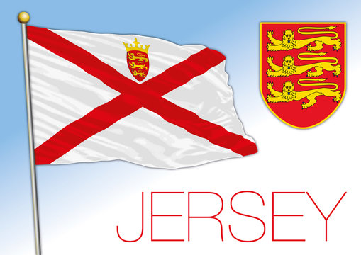 Bailiwick Of Jersey, Official National Flag And Coat Of Arms, UK, Vector Illustration