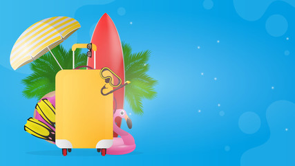 Blue banner with place for travel text. Red surfboard, yellow suitcase for tourism, fins, swimming mask, goggles, palm trees, sun umbrella, rubber ring for swimming. Vector.