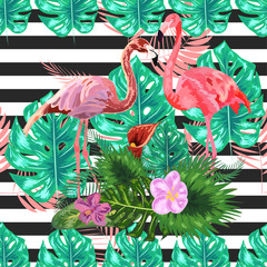 Seamless pattern with dark blue grunge stripes and pink flamingo. Pink flamingo background design