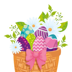 eggs easter in basket wicker and flowers decoration vector illustration designicon