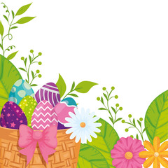 eggs easter in basket wicker and flowers decoration vector illustration designicon