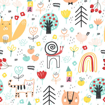 Baby seamless pattern with cute animals in the forest. Creative childish texture for fabric, wrapping, textile, wallpaper, apparel. Vector illustration