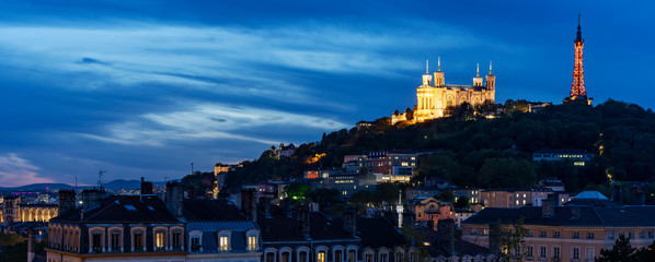 Lyon and basilique de fourviere by night