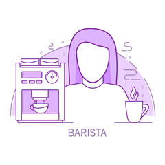 Barista girl outline cartoon character with a coffee maker  and a paper cup of coffee.Hot drink. Line art vector.