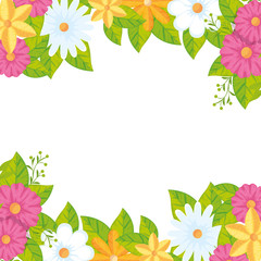 frame of cute flowers with leafs isolated icon vector illustration design