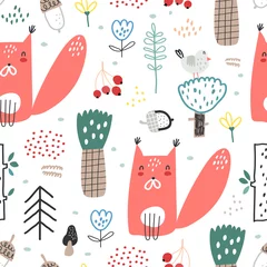 Poster Baby seamless pattern with cute squirrels in the forest. Creative childish texture for fabric, wrapping, textile, wallpaper, apparel. Vector illustration © bukhavets