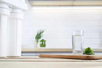 clean water with osmosis filter and green leaves on wooden table in a kitchen interior. Household...