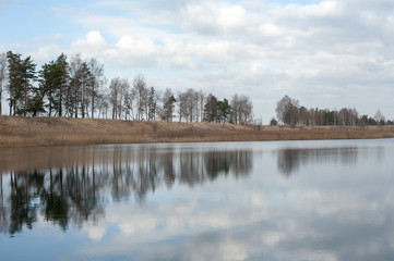 reflection in the water of trees and sky