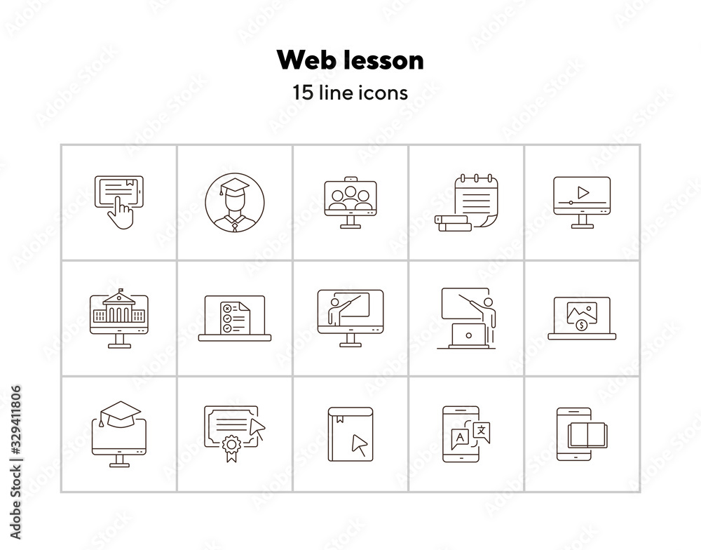 Poster web lesson line icon set. computer, smartphone, online platform. e-learning concept. can be used for
