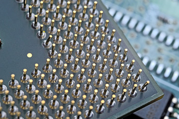 Fototapeta premium old computer processor with gold-plated legs, microcircuits on it, super macro photo