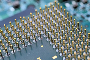 Obraz premium old computer processor with gold-plated legs, microcircuits on it, super macro photo